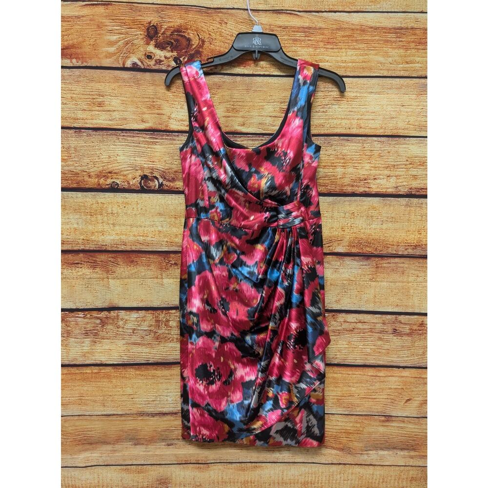 MAGGY LONDON Multi Color Silky Floral Print Draped Panel Dress Size 8 GUC